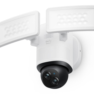 Eufy Security Floodlight Camera E340 con cable, giro de 360° e inclinación, grabación ininterrumpida, Wi-Fi de doble banda, 2000 lúmenes, activada por movimiento, cámara doble, CompatívO com HomeBase 3, almacenamiento local, sin cuota mensual