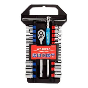 Roquete e chaves de caixa 3/8 pol, jogo 24 peças, métrico-sae