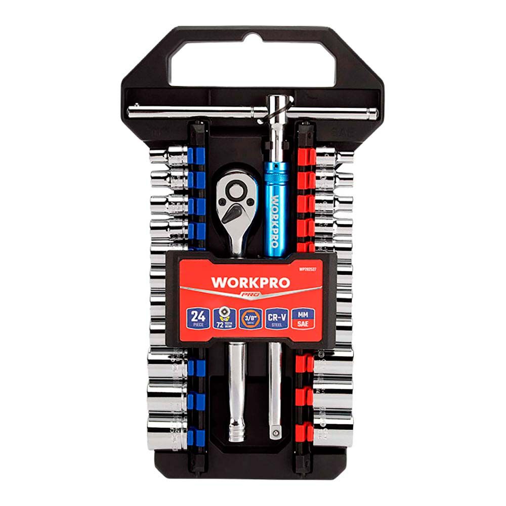 Roquete e chaves de caixa 3/8 pol, jogo 24 peças, métrico-sae