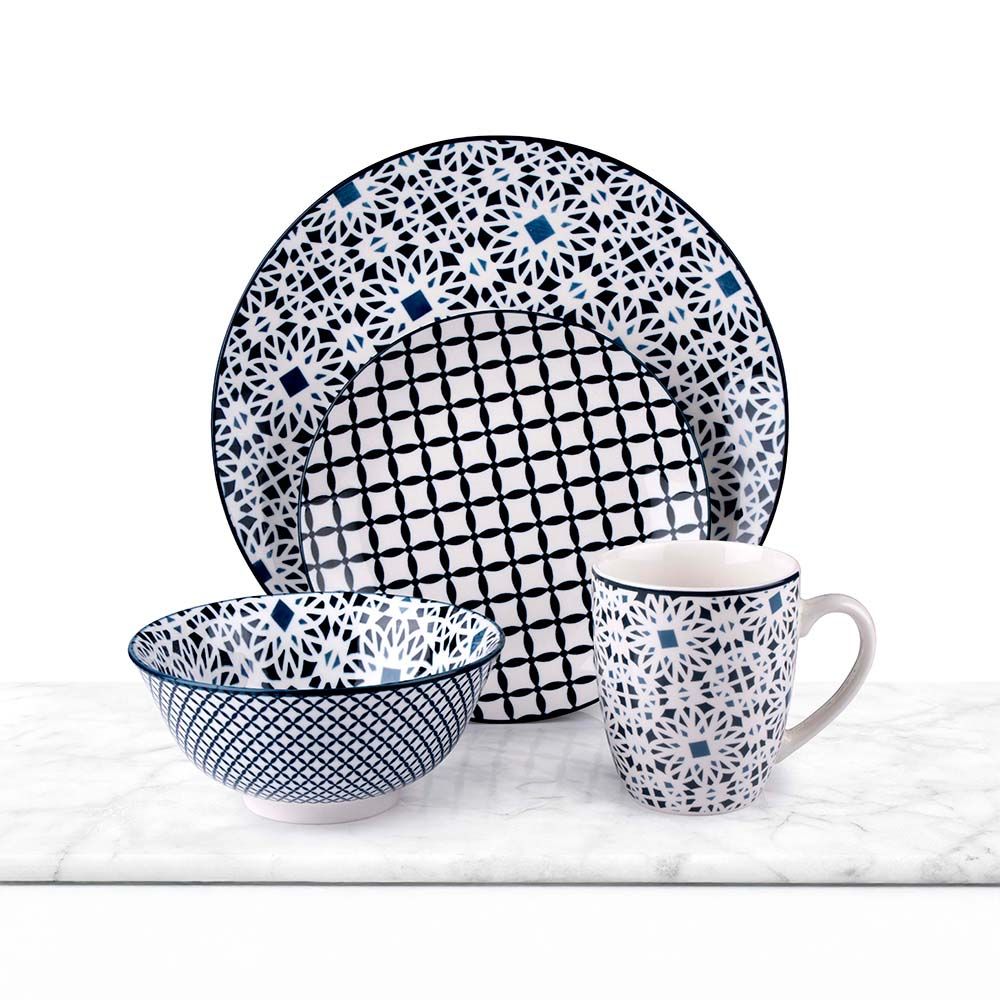 Serviço de louça cerâmica estampada 16 peças, cores sortidas